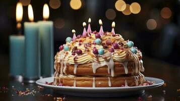Delicious birthday cake with candles photo