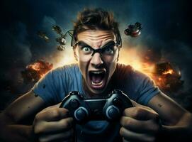 Video man online portrait stress gamer scream joystick playing computer technology tv angry photo