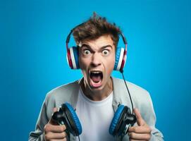 Man screaming expression student hands joystick gamer leisure funny video reality playing headphones photo