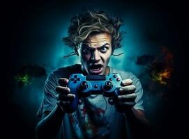 Man portrait caucasian stress shout angry sofa joystick gamer scream playing concept online technology photo