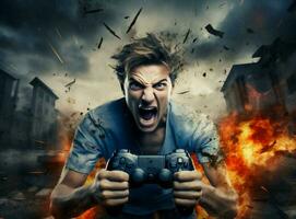 Man portrait indoors scream angry joystick gamer technology scared online stress expression playing photo