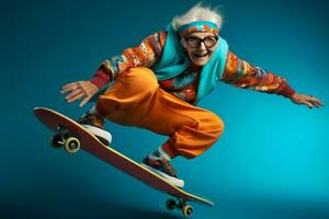 Skateboard woman cool modern rock grandmother fashion crazy mature old elderly beautiful background positive lifestyle photo