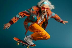 Woman elderly old crazy skateboard photo