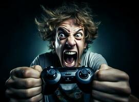 Man angry technology joystick console online scream gamer indoors horror holding shock stress playing concept portrait photo