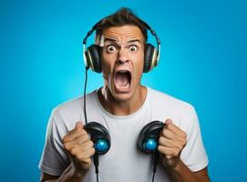 Joystick man video young screaming headphones activity home gamer expression playing concentration tv student leisure photo