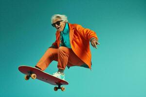 Woman old enjoy sunglasses grandmother positive lifestyle modern skateboard portrait crazy rock gray elderly party photo