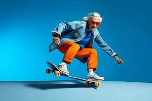 Rock woman age lifestyle modern skateboard elderly retired old positive grandmother adult crazy photo