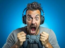 Man couch playing stress online computer sofa technology portrait scream expression angry furious joystick gamer photo