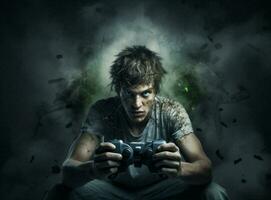 Playing man leisure gamer technology joystick expression online background horror scream angry stress portrait photo