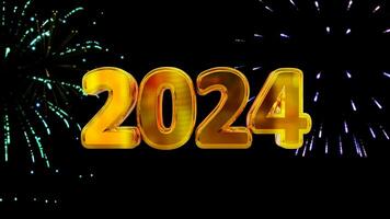 New Year 2024 text in gold color Isolated on Black background with fireworks video