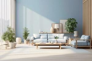 blue wall room interior modern furniture apartment home style sofa design. Generative AI. photo