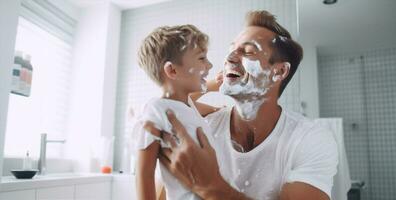 Children together bathroom young baby childhood morning family father water smiling cream photo
