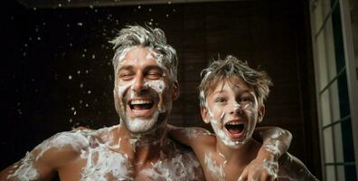 Male children hygiene family bathroom cream smiling childhood swimming father water together morning photo