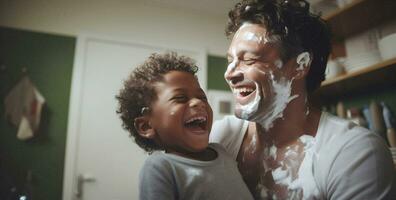 Face bathroom young family childhood summer children smiling two morning cream water together father bathing photo