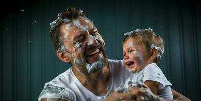 Childhood bathroom children water morning cream adorable person father together boy smiling family photo