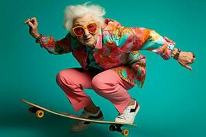 Modern woman background older fashion elderly grandmother positive lifestyle skateboard crazy rock senior old photo