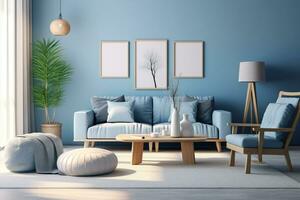 apartment modern blue sofa design wall room interior living furniture home. Generative AI. photo