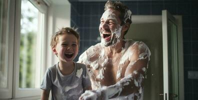 Family man father smiling water cream morning outdoors bathroom playful children toddler together childhood kid photo