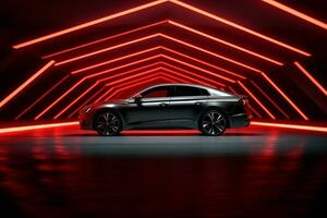 modern transportation automobile neon dark car red led luxury auto. Generative AI. photo