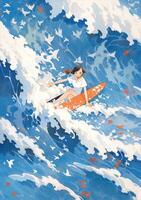 surfer woman nature summer ocean sea water sport lifestyle surfing boarding. Generative AI. photo