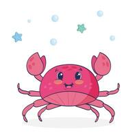 Cute smiling crab with doodle elements on white background. Childish character. Colored flat cartoon vector illustration