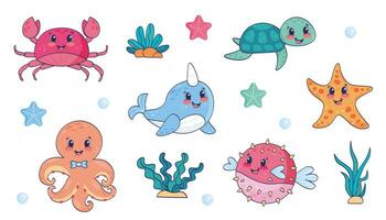 Set of sea creatures. Set with hand drawn sea life elements vector