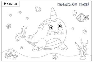 Cute smiling narwhal, unicorn with drawn elements in black and white vector