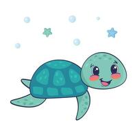 Cute smiling turtle with doodle elements on white background. Childish character. Colored flat cartoon vector illustration