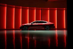 transportation led auto car red neon dark modern luxury automobile. Generative AI. photo
