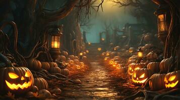 Halloween pumpkins in an autumn forest, photo