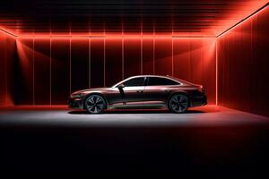 automobile red luxury modern dark neon led car auto transportation. Generative AI. photo