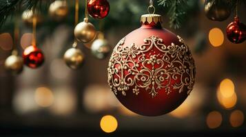 Closeup of red bauble hanging from a decorated Christmas tree photo