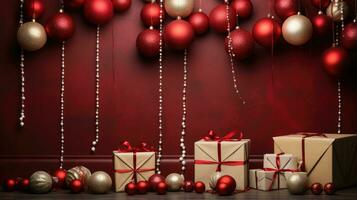 Christmas background with gift boxes, clews of rope, paper's rools and decorations on red photo