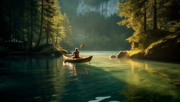 lake travel nature scenic water river landscape person outdoors boat. Generative AI. photo