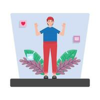 Young man with raised hands. Vector illustration in flat design style.