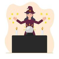 Víspera de Todos los Santos bruja sentado a el mesa con un magia pelota. vector ilustración.