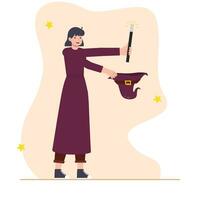 Vector illustration of a witch with a magic wand and a hat.