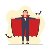 Man in vampire costume with bat wings. Vector illustration in flat style