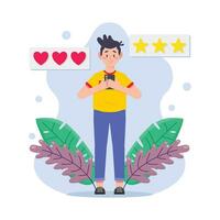 Customer review concept. Vector illustration in flat cartoon style. Man with a phone and a rating.