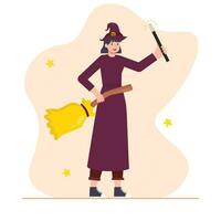 Witch with a magic wand and a broomstick. Flat vector illustration.