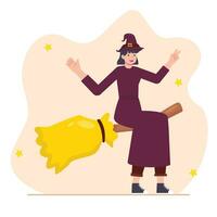 Witch with broom and hat. Vector illustration in flat style.