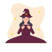Halloween vector illustration. Cute witch with a book in her hands.