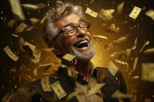 man old success money face gold portraits dollar happy winner beard. Generative AI. photo