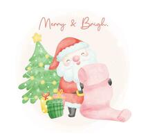 linda Navidad acuarela con adorable sonriente Papa Noel claus con regalos y pino árbol dibujos animados personaje vector ilustración