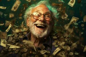 man old happy space beard gold copy dollar winner money portraits face. Generative AI. photo