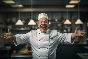 man service apron food caucasian standing chef restaurant portrait kitchen business. Generative AI. photo