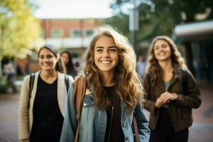 caucásico educación joven Universidad al aire libre riendo grupo estudiante colegio sonriente contento amistad foto