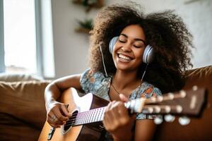 joven mujer hogar retrato atractivo adolescente musical belleza adolescente estilo de vida guitarra. generativo ai. foto