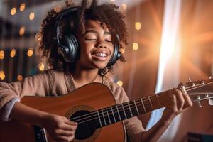 mujer atractivo guitarra musical belleza retrato estilo de vida blanco joven adolescente hogar. generativo ai. foto