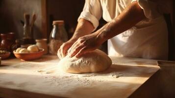 harina masa cocinar cocina comida Pastelería amasar manos panadero cocinero. generativo ai. foto